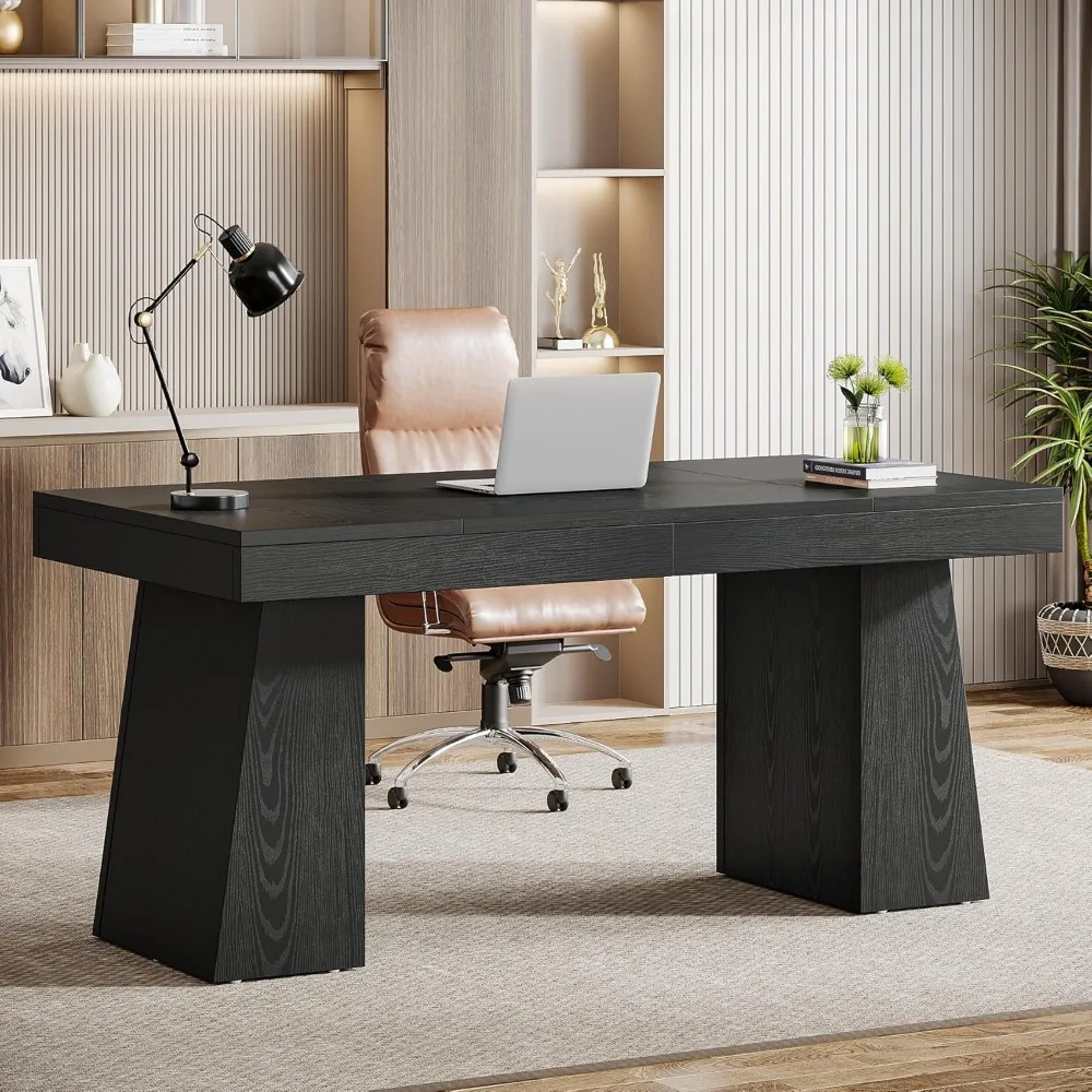 55 Inches Executive Desk, Mid-Century Modern Home Office Desk with Double Trapezoid Base, Wood Computer Desk Business Workstati 4