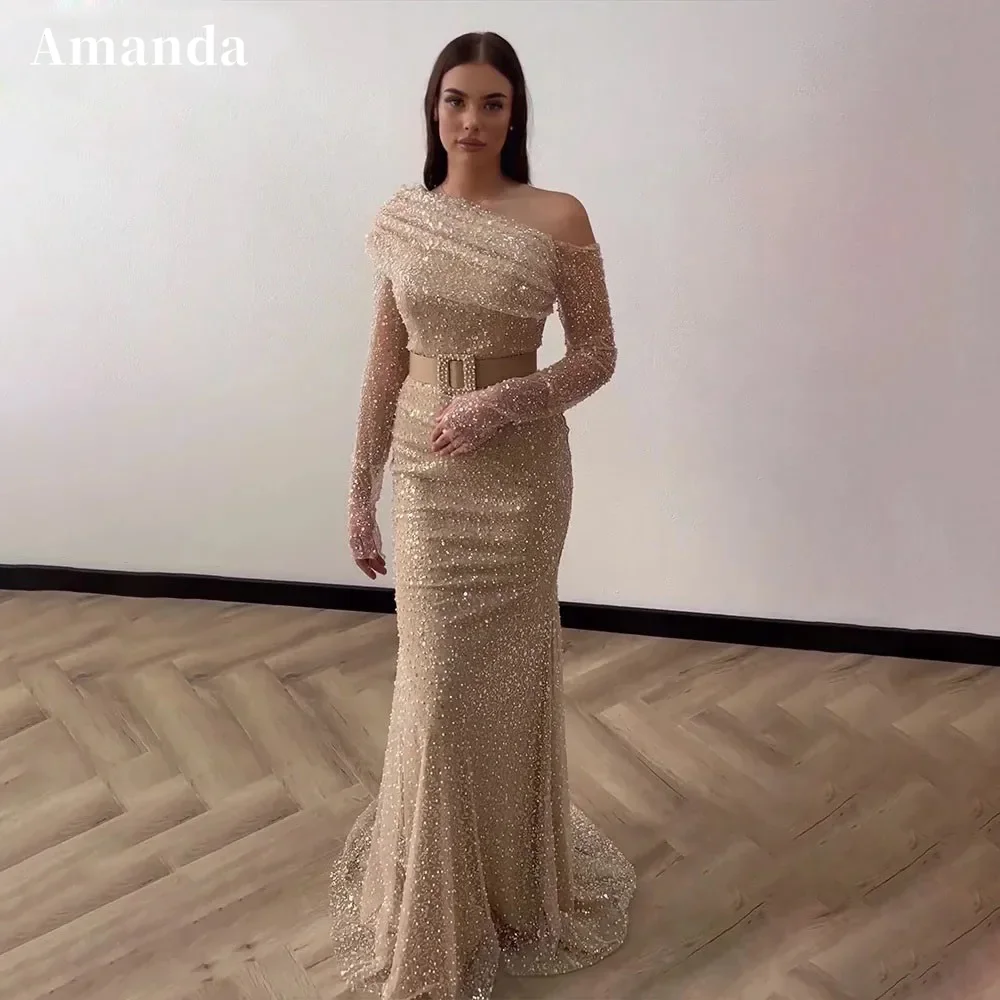 

Amanda Champagne Glitter Prom Dresses One Shoulder Evening Dress Shiny Sequins Long Train Mermaid Party vestidos de fiesta 2024