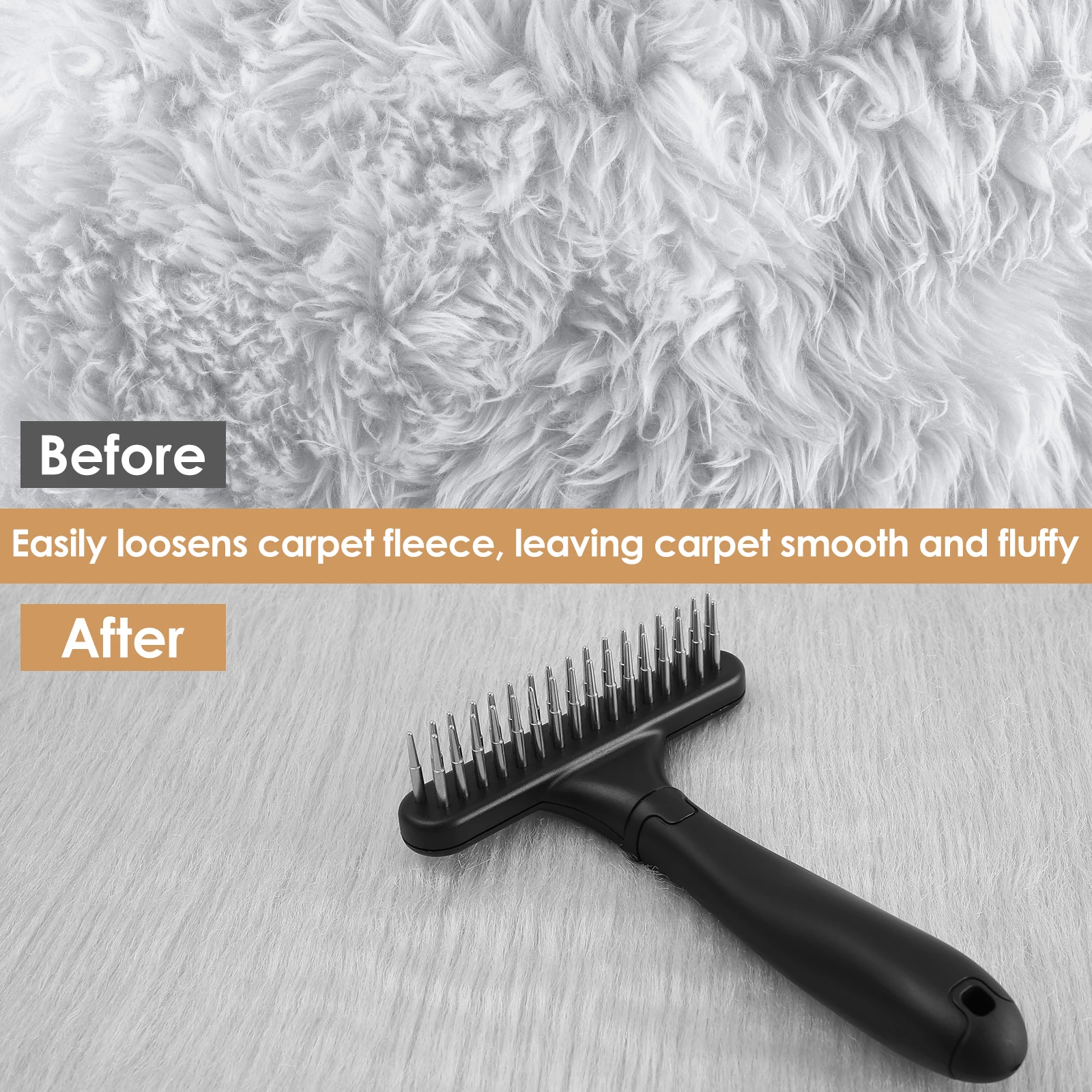2Pcs Carpet Rake with Handle 2 Row Tooth Handheld Rug Brush Pet Hair Cleaning Brush Ergonomic Carpet Fluffy Restoration Tool