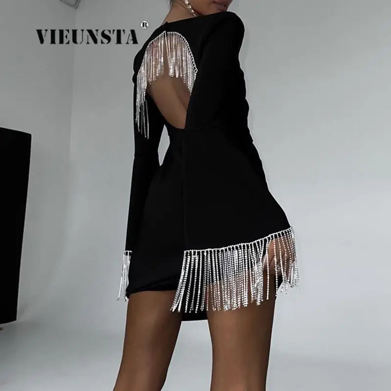 

Lady Sexy High Street Black Party Dresses Women Slim Stitching Tassel Backless Club Dress Chic Fringe Flare Sleeve Banquet Dress