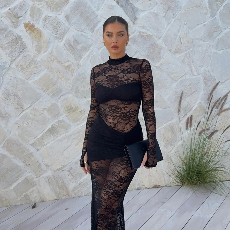 Vestidos largos sexis de encaje con retazos para mujer, vestido de fiesta ajustado con cuello alto y aberturas, vestido transparente ajustado para primavera 2025, nuevo