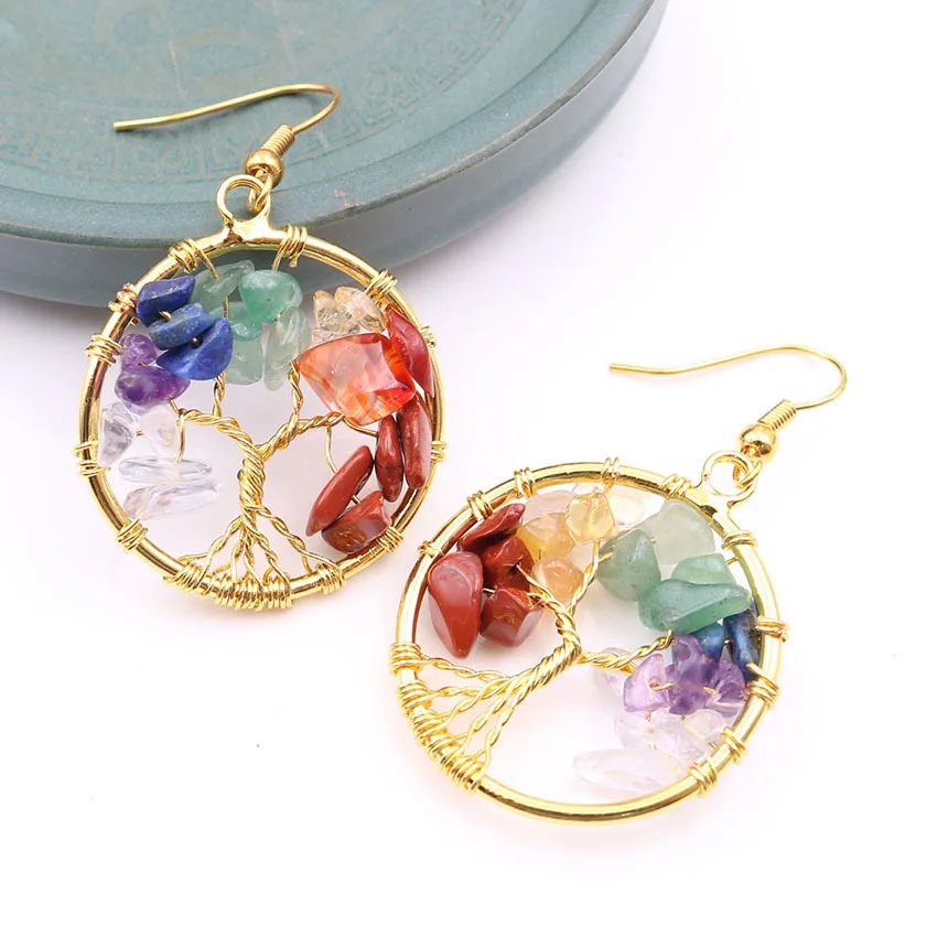 Natural Crystal Earrings Unique Tree Of Life Round Earrings Handmaking Natural Stone Earrings Statement Jewelry Wholeslale 2024