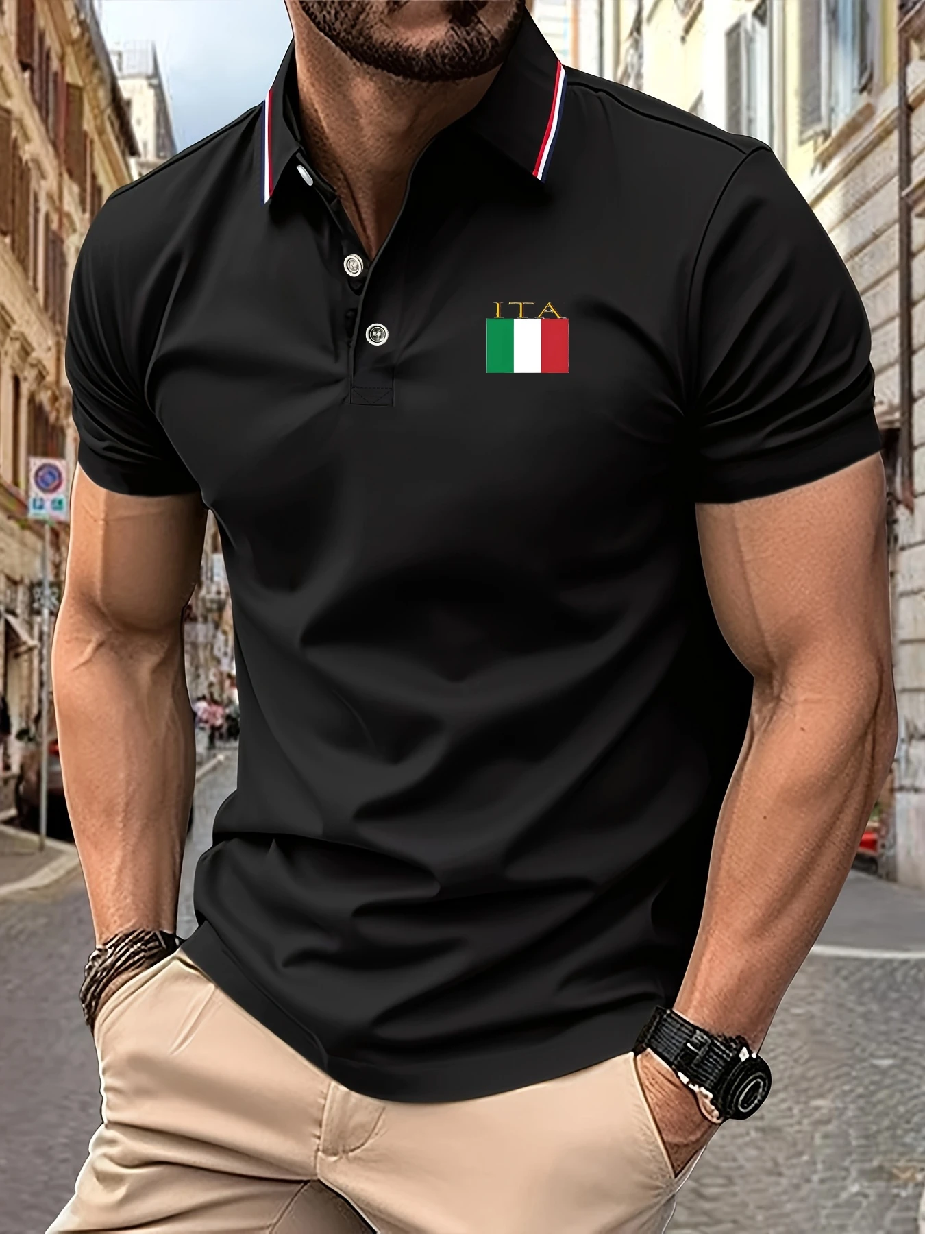 2025 Polo da uomo ricamata con bandiera italiana estiva manica corta traspirante leggera casual strisce con risvolto morbido al tatto