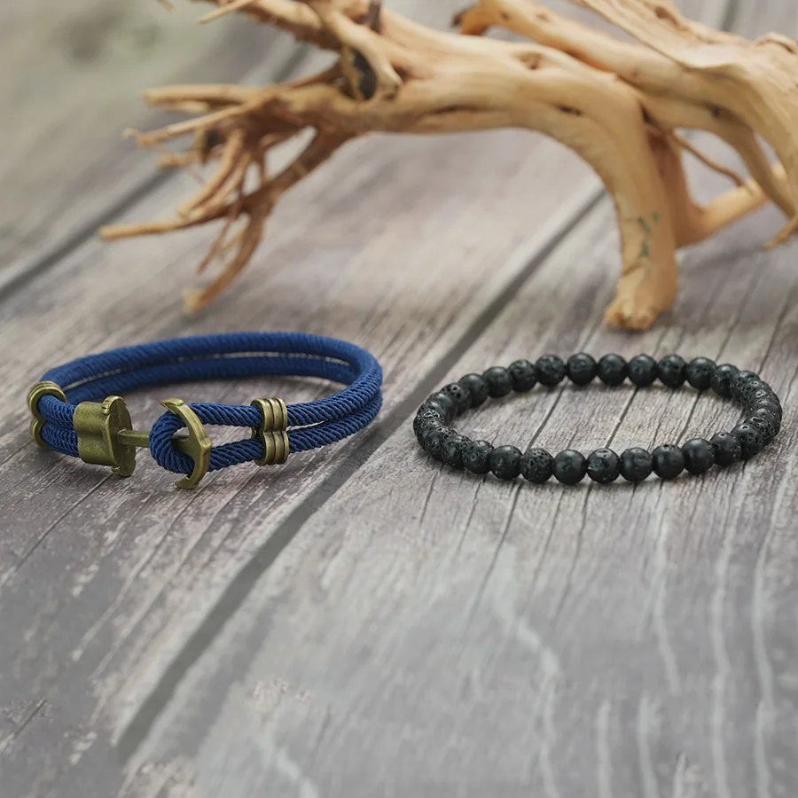 Men Anchor Bracelet Lava Stone Beaded 6 Colors