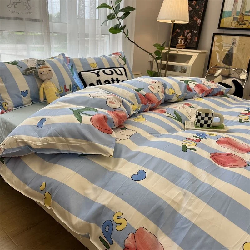 

Bedding Set Kawaii Dog Style Flat Bed Sheet Duvet Cover Pillowcase Single Double Full Size Boys Girls Bed Linen Black White