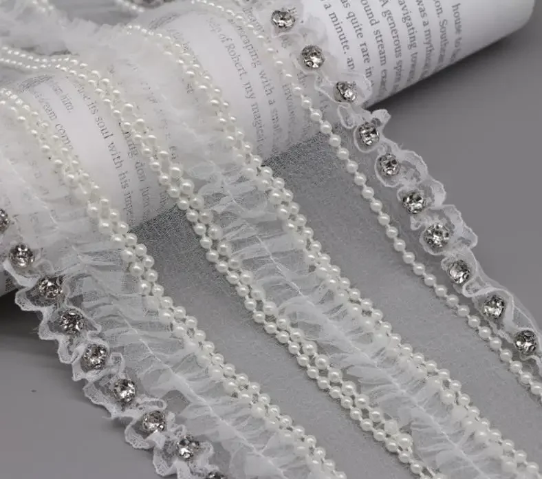 15cm*1yard Rhinestone pearls beaded lace trim for clothes bags Handmade beading appliques patch diy sewing accessories Ribbons