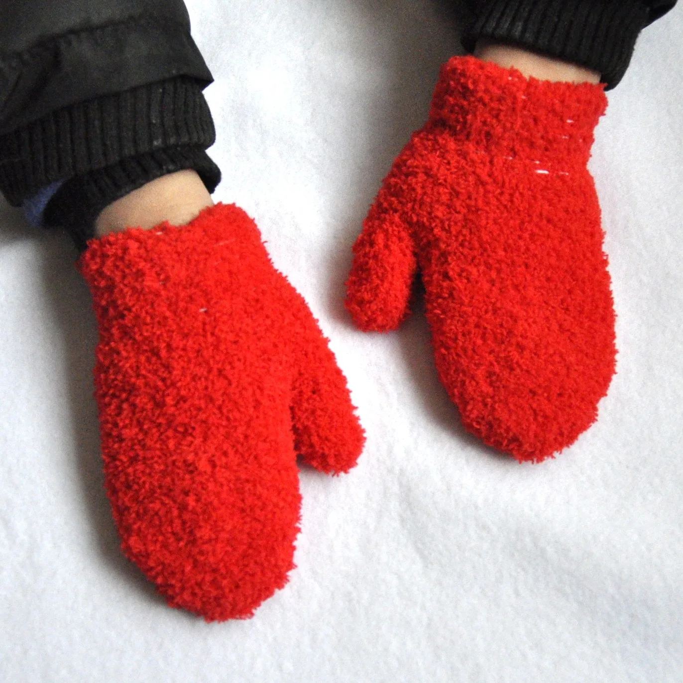 Baby Short Gloves Winter Coral Fleece Children Solid Knitted Plush Furry Full Finger Mittens Autumn Hand Warmer 1-4 Years Old 3