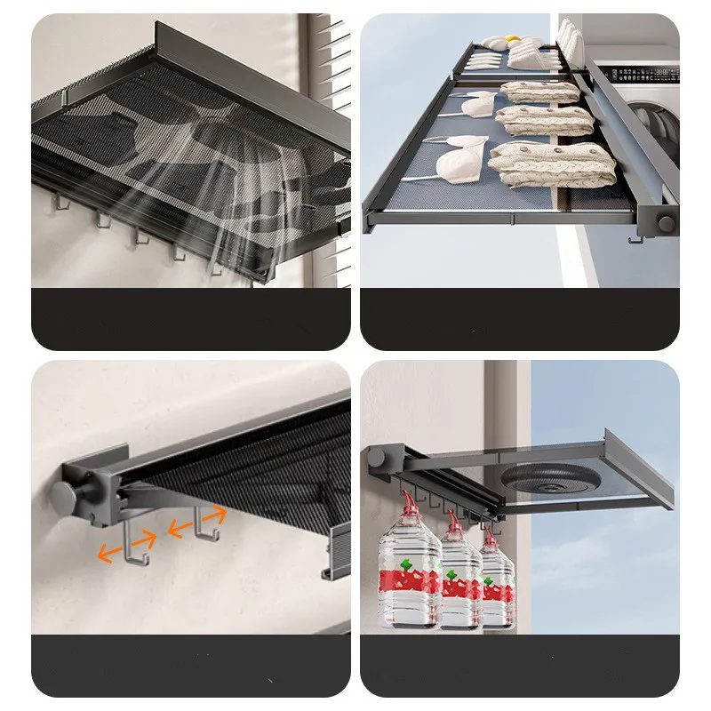 Black invisible folding clothes rack shoe rack retractable mesh wall mounted Aluminum bathroom clothes dryer sock drying Holder