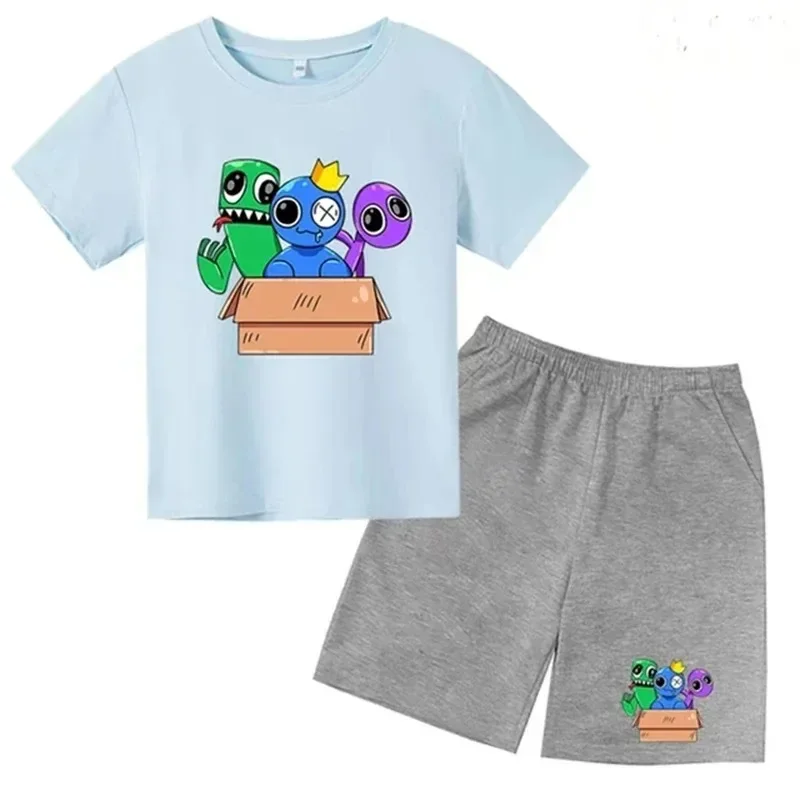 Summer Rainbow Friend Printed Short Sleeved Children T-shirt + Shorts 2pcs Set 3-12 Years Boy Girl Clothing Kid  Fashion Suit 5