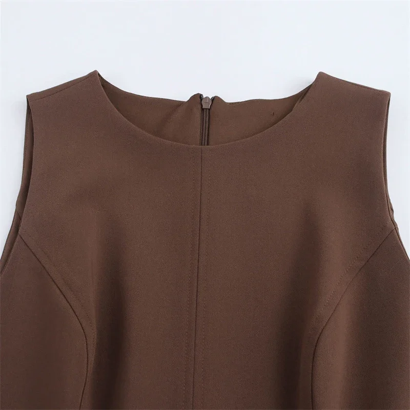 Elegant Pleated Mini Dress Women Brown O-Neck Sleeveless A Line High Waist Party Dresses Fashion Casual New Zipper Robes