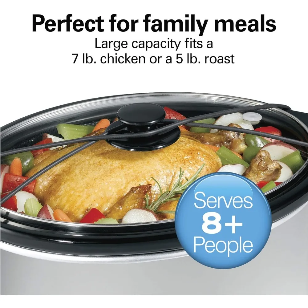 7-Quart Portable Slow Cooker Serves 8+, Dishwasher Safe Crock, Lid Latch Strap for Travel, Brushed Silver, Multi-functional Pot 6