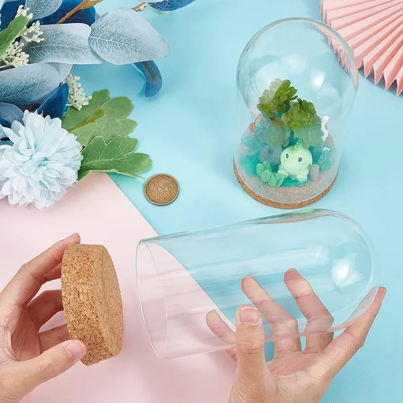 50pcs Dia 8cm Modern Handcraft Glass Dome Cover Dry Flower Vase With Wood Cork Base Landcrape Figurines Model Display Artwork