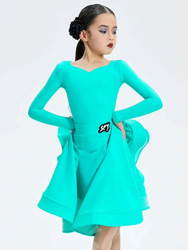 

Children Latin Dance Competition Clothing Girls Long Sleeves Dress Suit Cha Cha Rumba Samba Practice Training Dress DNV17819