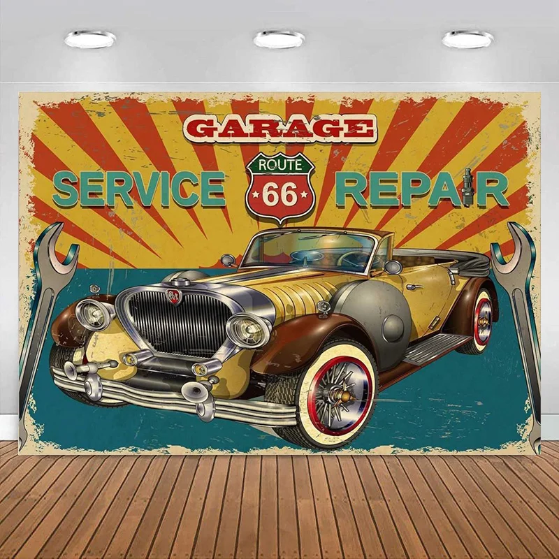 Vintage Car Photography Fondale Route 66 Garage Tool Wrench Car Repair Logo Background Birthday Party Banner Decorazione Della Camera Da Letto