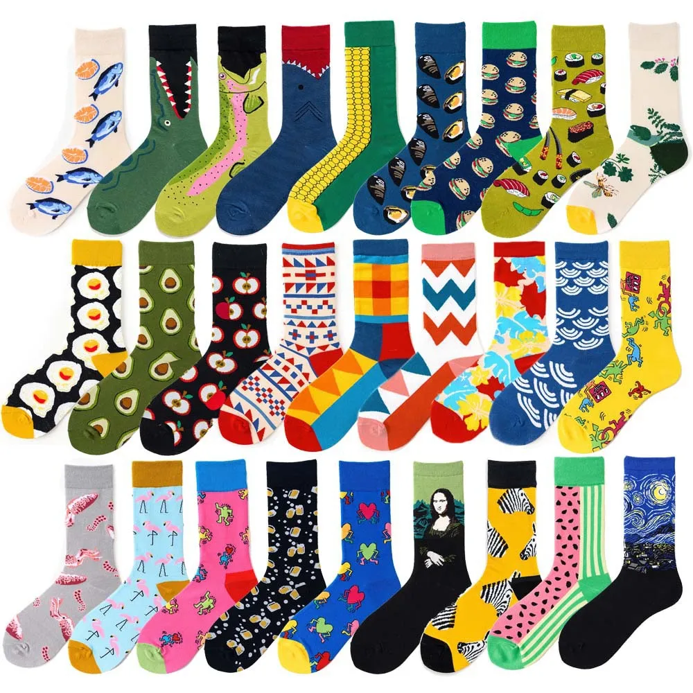 Cotton Fashion Personality Unisex Men Happy Socks Street Skateboard Fruits Food Dogs Harajuku Funny Boys Male  Causal Sox Gift