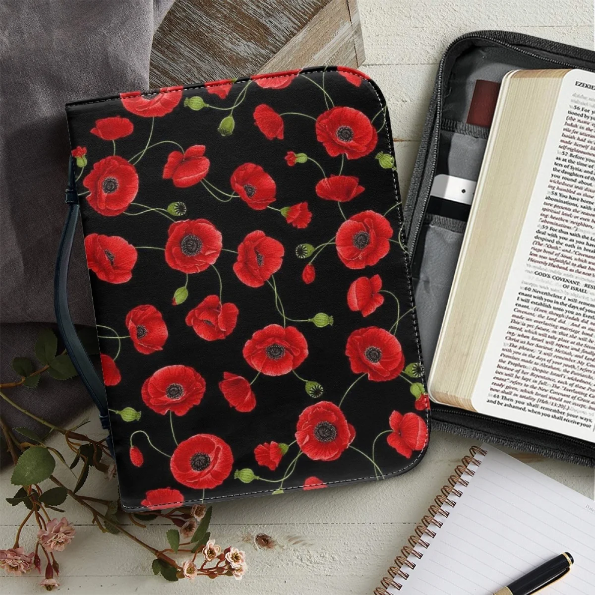 

Leather Bible Cover Case for Women Art Flower Print Christianity Church Bible Bag Practical Bible Study Book Holy Storage Boxes