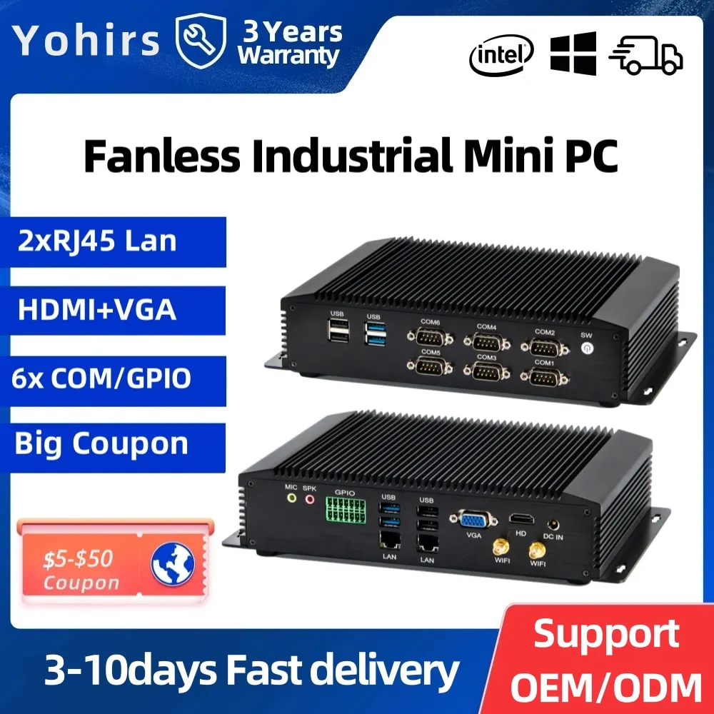 

8TH Gen Industrial Fanless Embedded Computer I7 8550U I5 8250U 6*COM 2*RJ45 LAN HDMI VGA GPIO Win10 Linux Mini Industrial PC