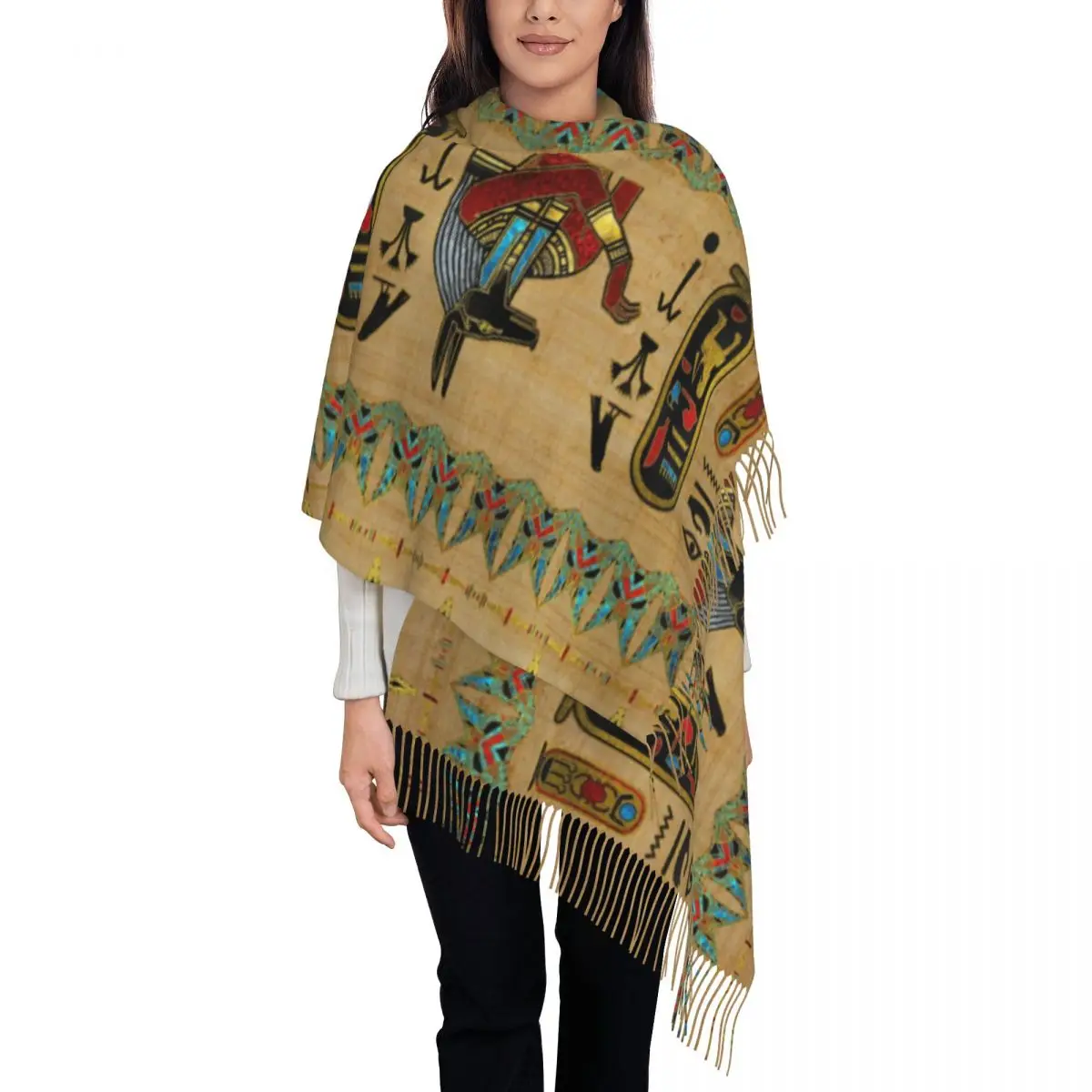 

Egyptian Anubis Ornament Shawls Wraps for Women Winter Warm Long Soft Scarf Ancient Egypt Myth Pashmina Tassel Scarves