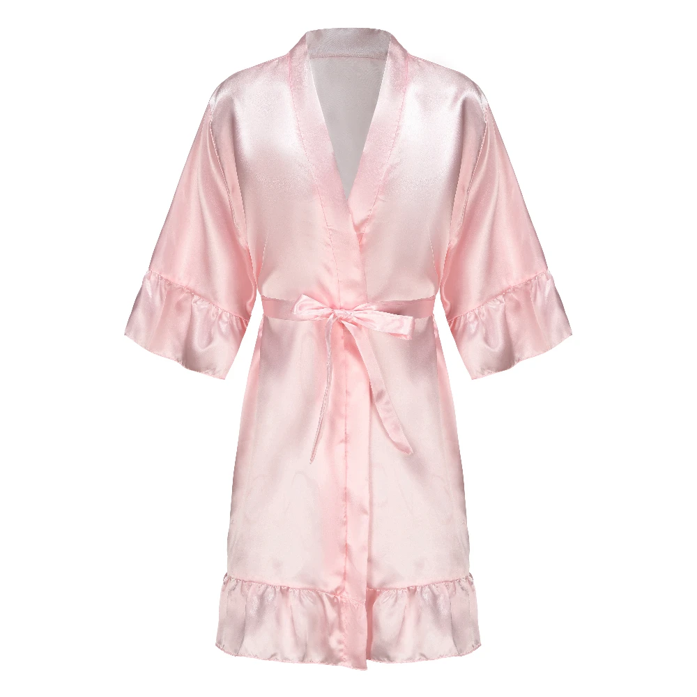 Women Sleepwear New Pink Team Bride Kimono Satin Women Bathrobe Wedding Sister Mother of the Bride Groom Bridesmaid Robes With Ruffle women sleepwear bride robes sleepwear pajamas