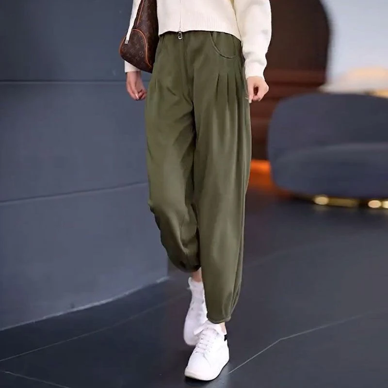 Autumn Winter Elastic High Waist Loose Casual Lanter Pants Women Solid Color Add Plush All-match Fashion Trousers Female Clothes