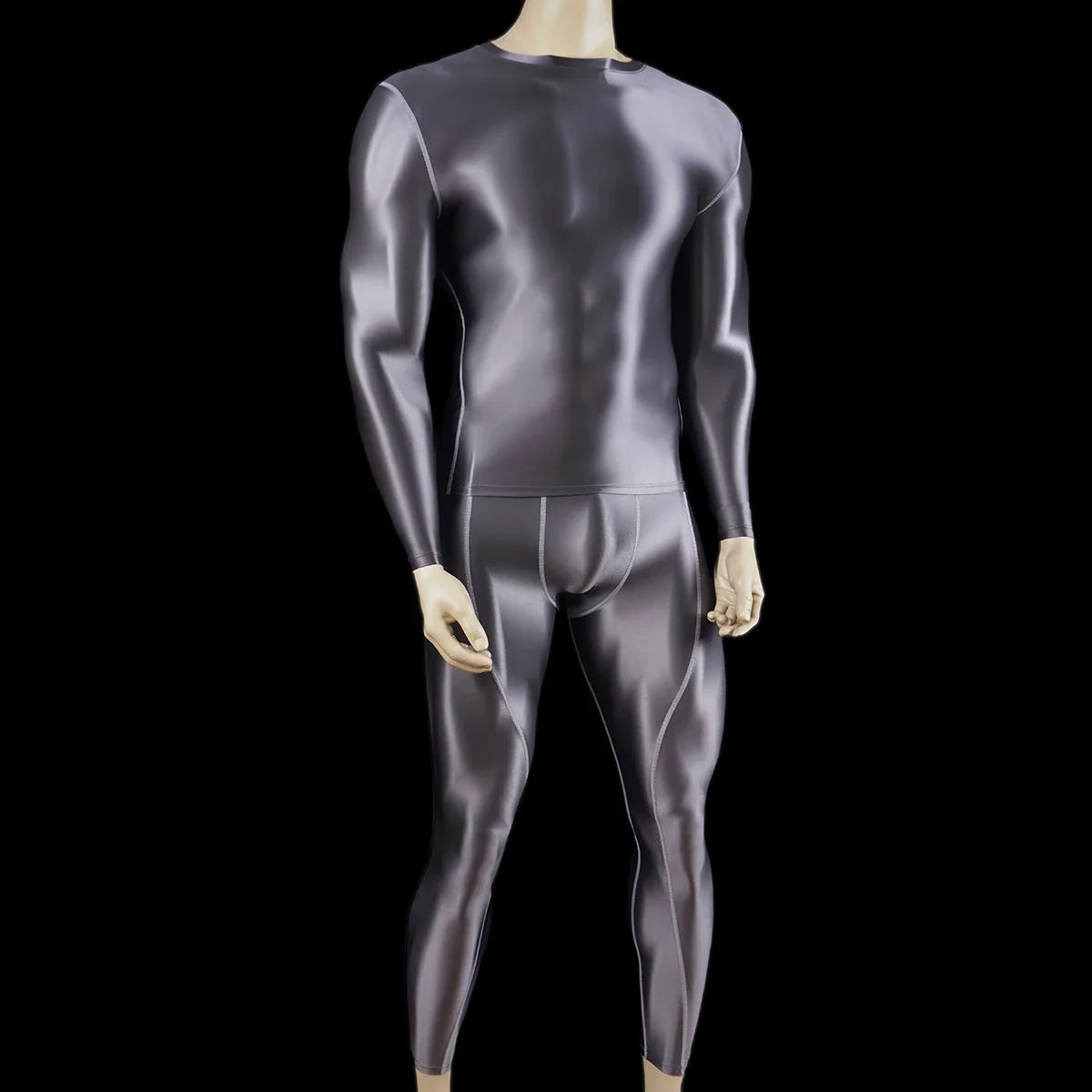 sexy Men Tracksuits Sets Tights Tops + Leggings Shiny Glossy Sports Fitness Running Cycling All-purpose body suits