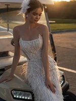 Sexy Strapless Backless Wedding Dress Luxury Pearls Feathers Bride Robe Elegant Straight Bridal Gown Customized Robe De Mariée 2