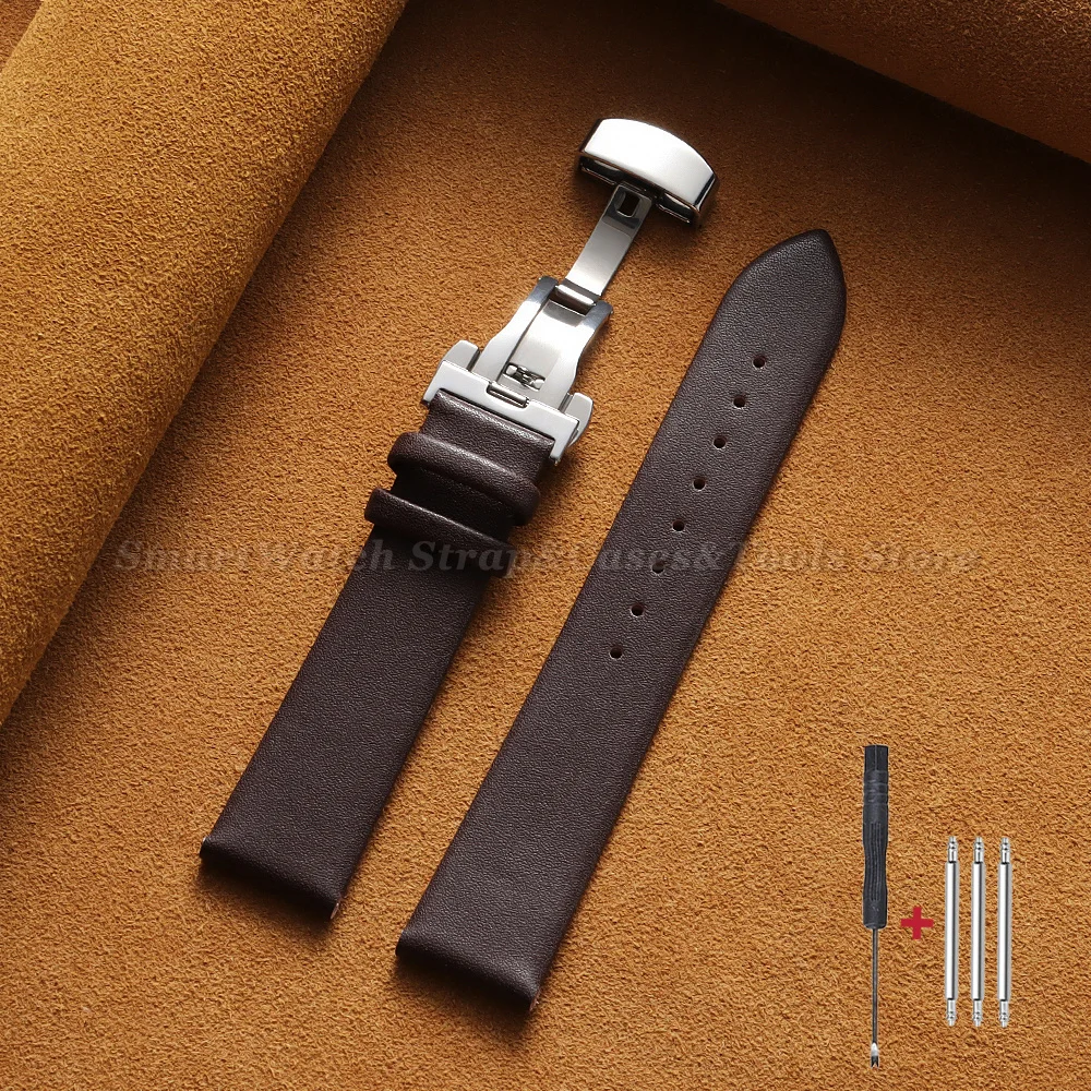 Premium Ultra-Thin Genuine Leather Watch Strap with Soft Cowhide Band and Butterfly Clasp