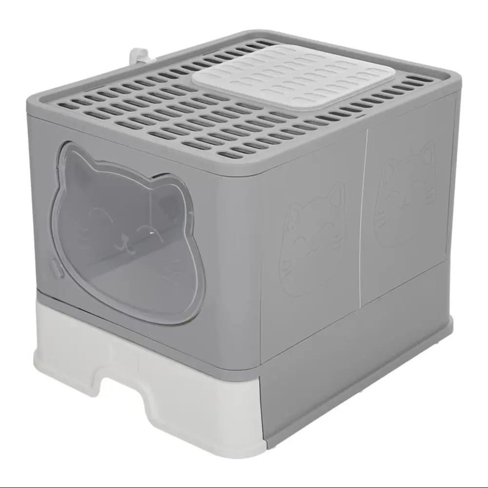Grey Large Hooded Cat Litter Box Litter Tray with Scoop Odour Removal - Image 2
