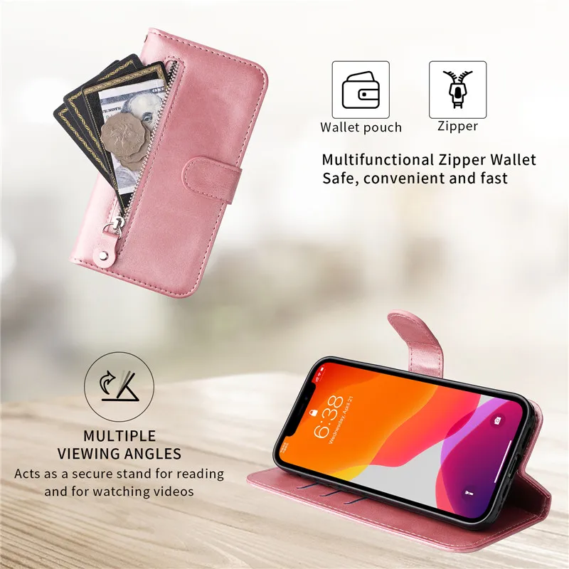 Flip Magnetic Leather Wallet Phone Case with Zipper Card Slot