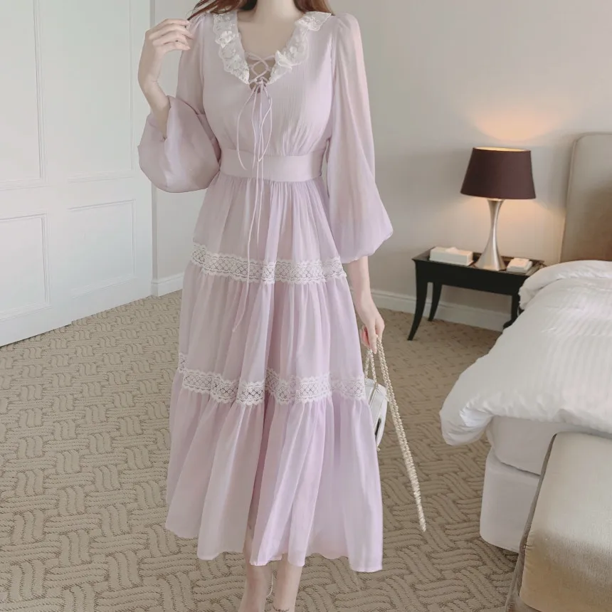 French Vintage Fairy Midi Dresses for Women Lantern Sleeve High Waist V-neck A-line Princess Party Dress Casual Female Vestidos