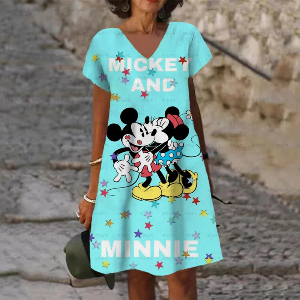 2025 Summer Elegant Women's Disney Minnie Mickey Mouse Printed Dress V Neck Female Short Sleeves Knee Length New Design Dress 6