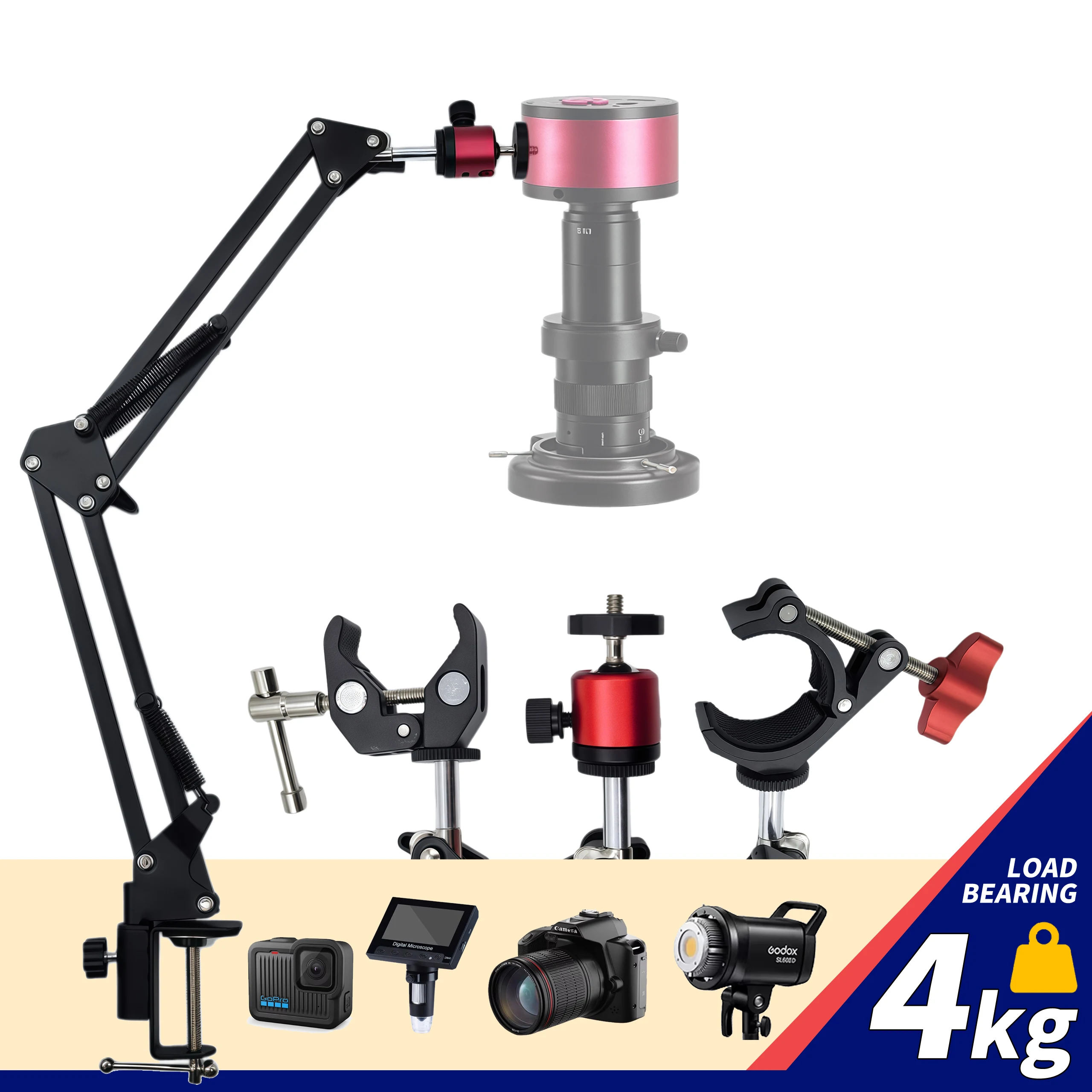 Universal 360 ° Suporte Ajustável para Microscópio com Base Pesada de 4kg, Braço Metálico e 3 Grampos - Mãos Auxiliares para Soldagem e Trabalhos Térmicos