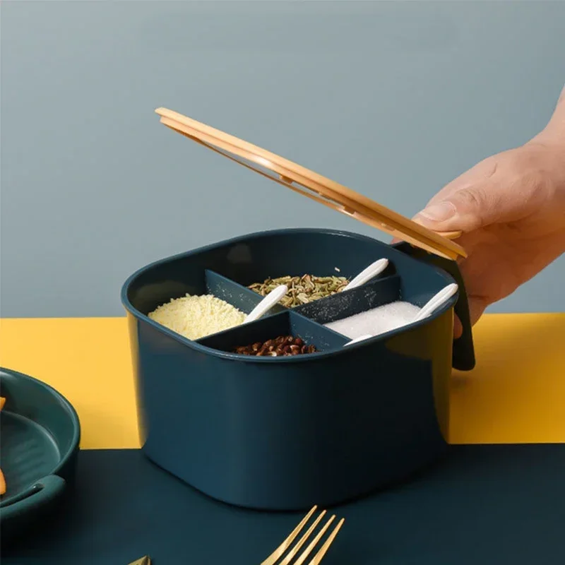 Plastic Four - style Materials Seasoning Pot with A Cover, Kitchen Multi - style Materials Box with Spoon Set, Salt Pot
