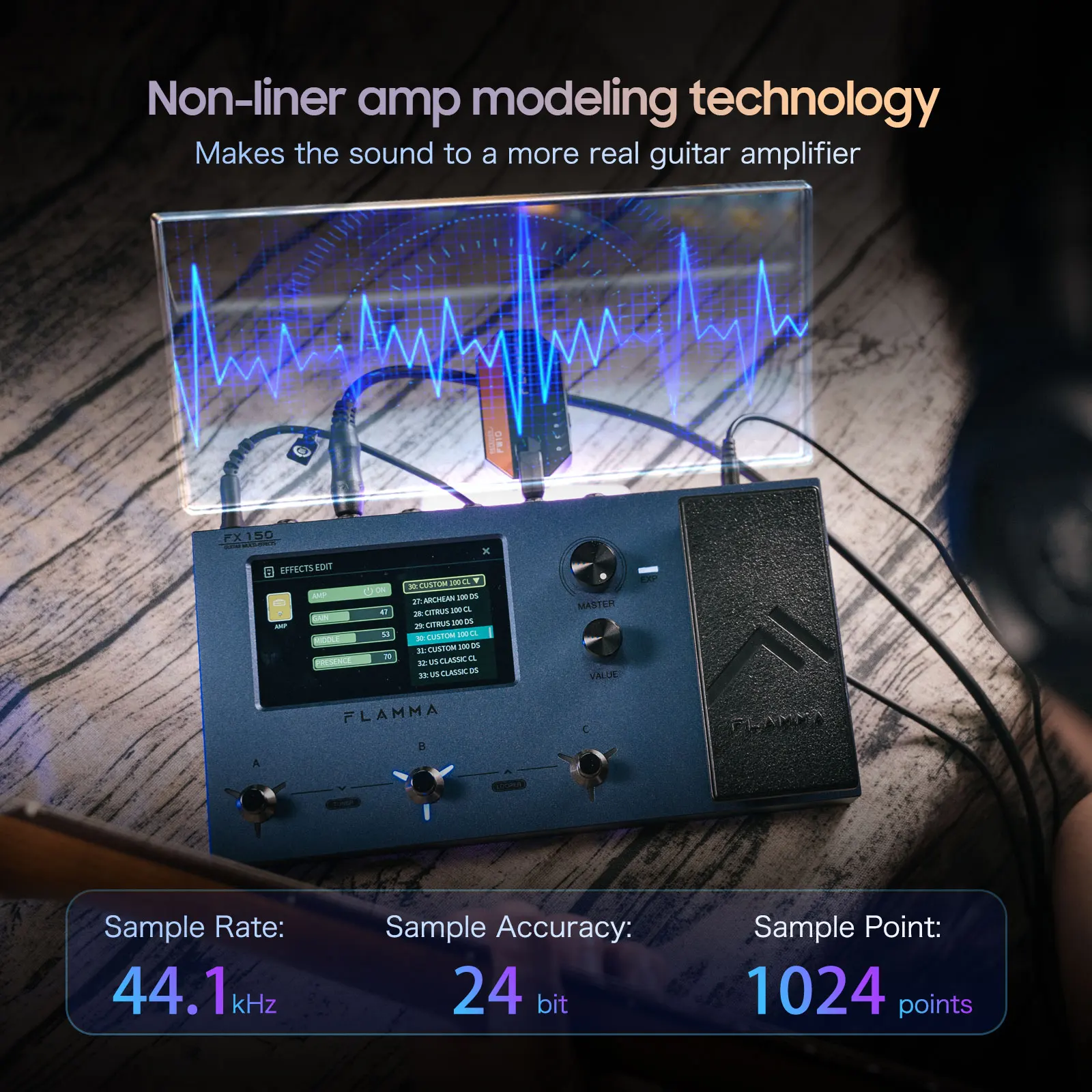 Guitar Effect Pedal FLAMMA FX150 Guitar Multi Effects Pedal 160 Effects 180 Preset Slots 30 Cab Simulation 80 Drum Machine 52S Looper Touch Screen