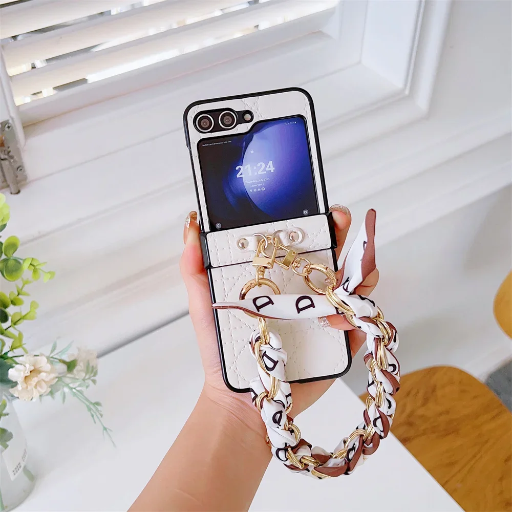 Elegant PU Leather Chain Silk Wrist Strap Phone Case - Shockproof Protective Cover