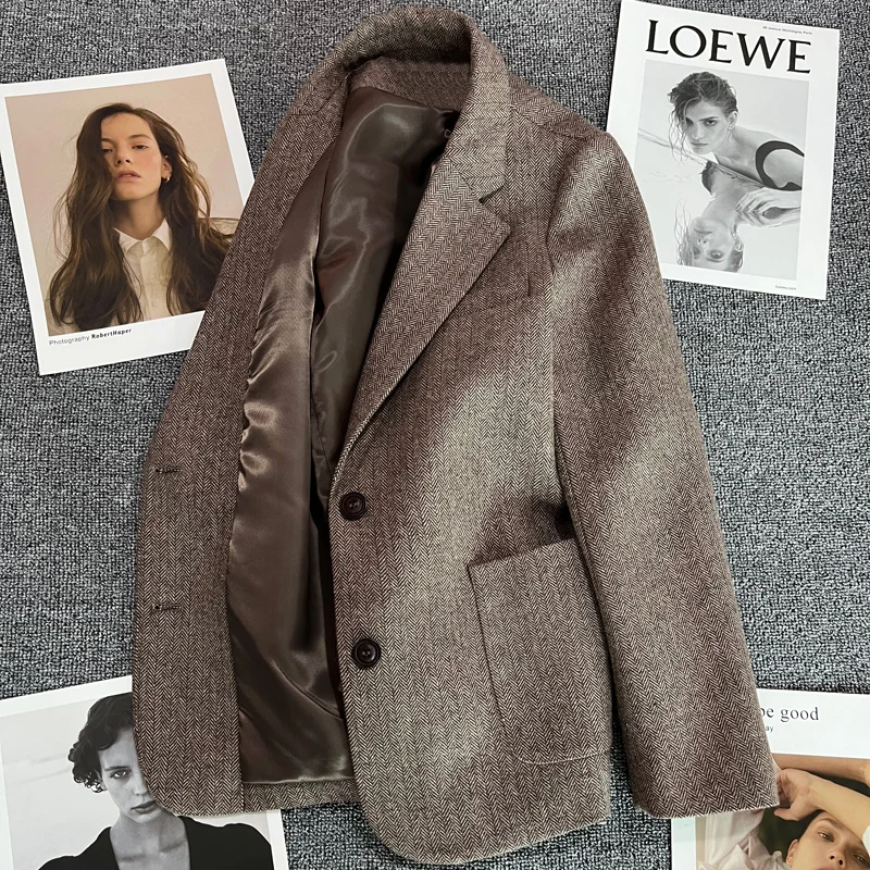 

Herringbone pattern suit coat high-quality female autumn and winter small fashionable wool small suit blazer women coat