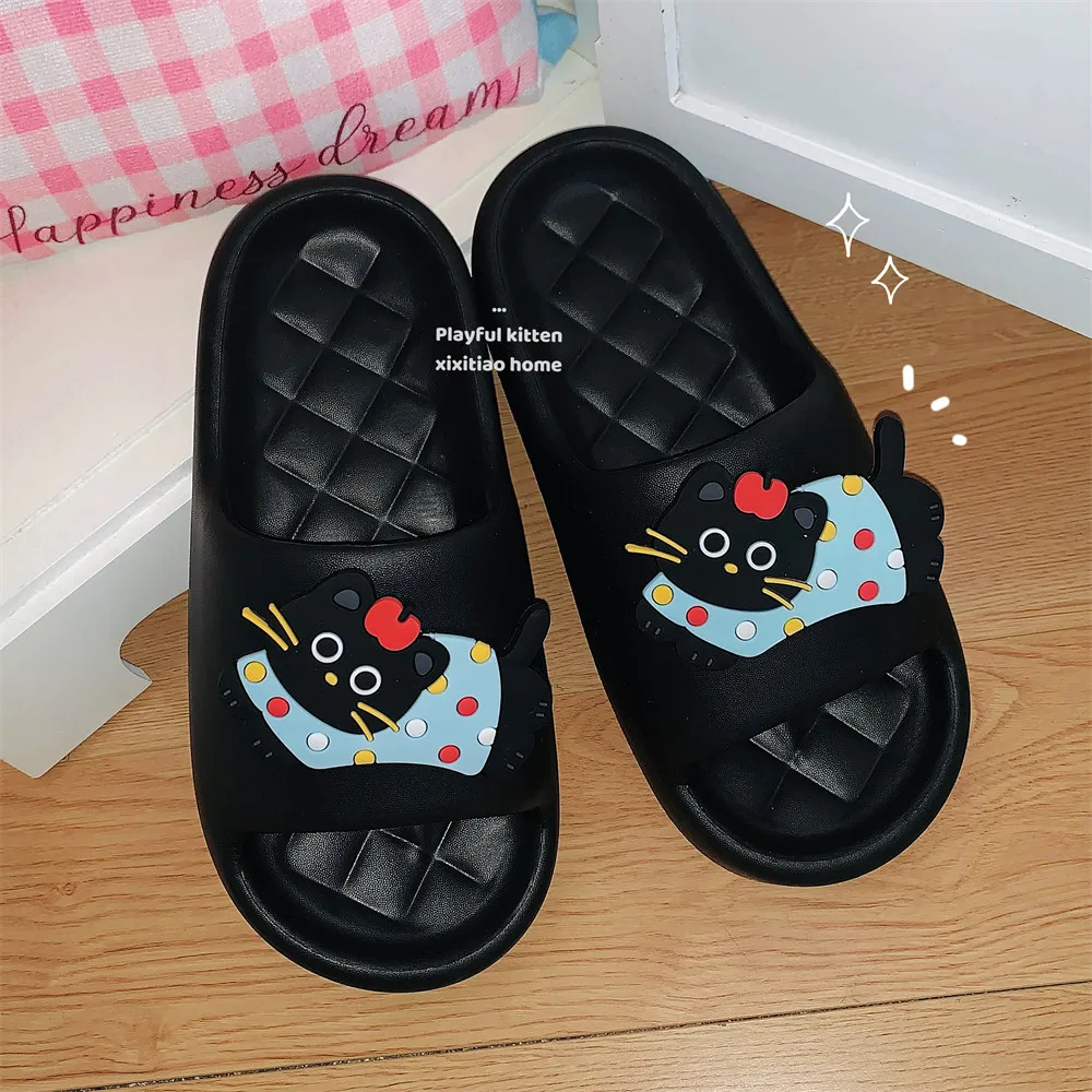 かわいい黒猫デザイン厚い底の女性スリッパスライド浴室ビーチ屋内サンダル夏のカップルの靴プラスサイズ 46-47