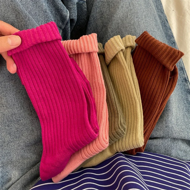 Women Socks Long Fashion Cotton Breathable Autumn Winter Solid Color Sports Socks Girls Casual Simple Retro Plain Comfortable