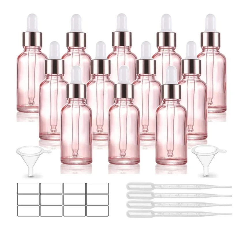 

12 Pack 1 Oz Pink Glass Dropper Bottle for Essential Oils,Empty Glass Eye Dropper Bottle Perfume Travel Vial Container