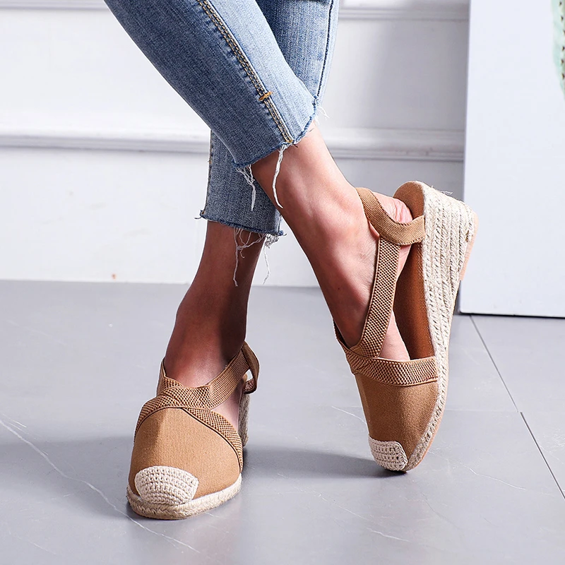 

Newest Women Straw Hemp Rope Sandals Retro Linen Canvas Wedge Round Toe Casual Sandals Singles Shoes Elegant Closed Toe Sandal