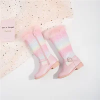 2023 New Autumn Winter Girls Rainbow Princess Fashion Children Pink Boots Knee Length Boots Plush Fur Girls Shoes 2
