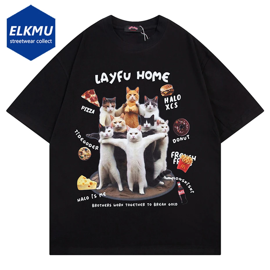 

Funny Cats Printed T Shirts Men's Streetwear Hip Hop Oversized T-shirts Black White Loose Cotton Tee Tops Y2K Man Tshirt