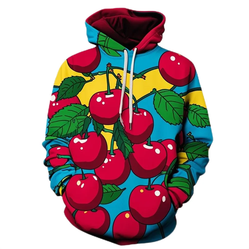 Nueva sudadera con capucha divertida con estampado de cerezas, moda de otoño, ropa deportiva con patrón de frutas, diseño informal y holgado, sudadera con capucha de calle para hombre 2024