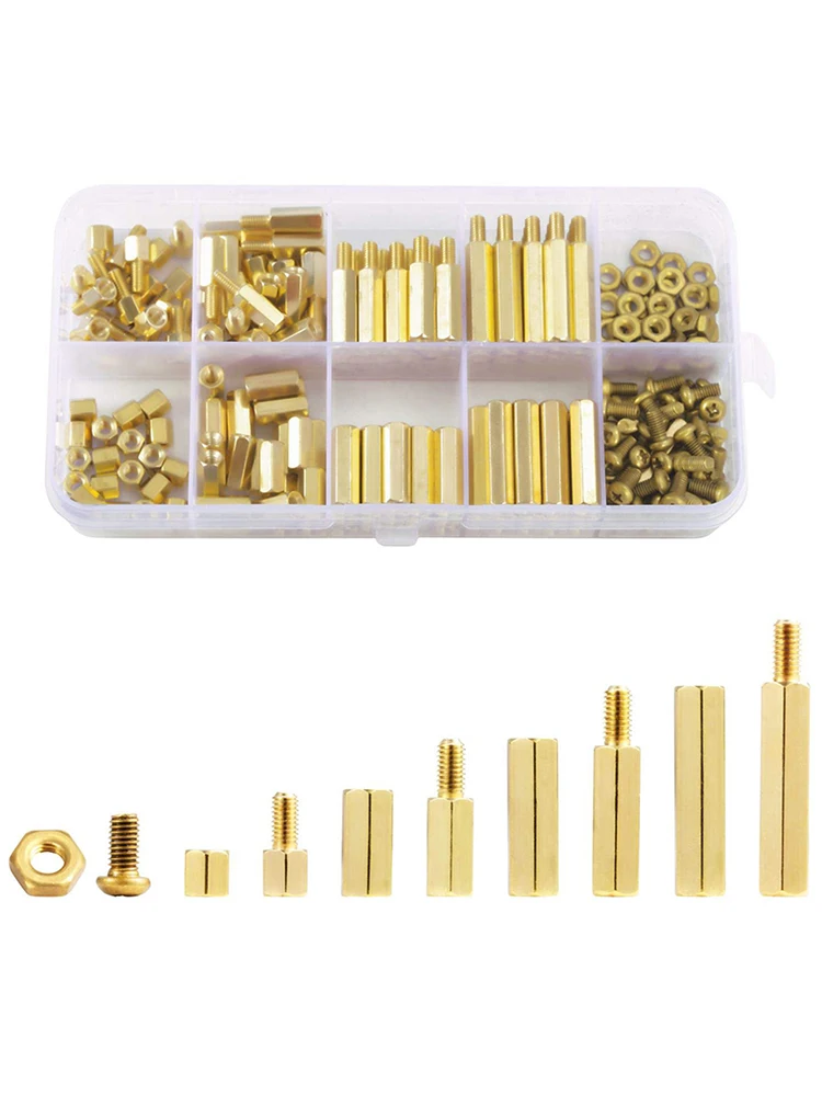 180pcs m2.5 male and female hex brass washer press riveting stud screw nut mixed set