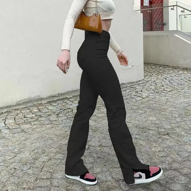 European and American  style 2021 new autumn and winter women's brown folding pocket casual  straight zipper high waist overalls flare pants Pants & Capris