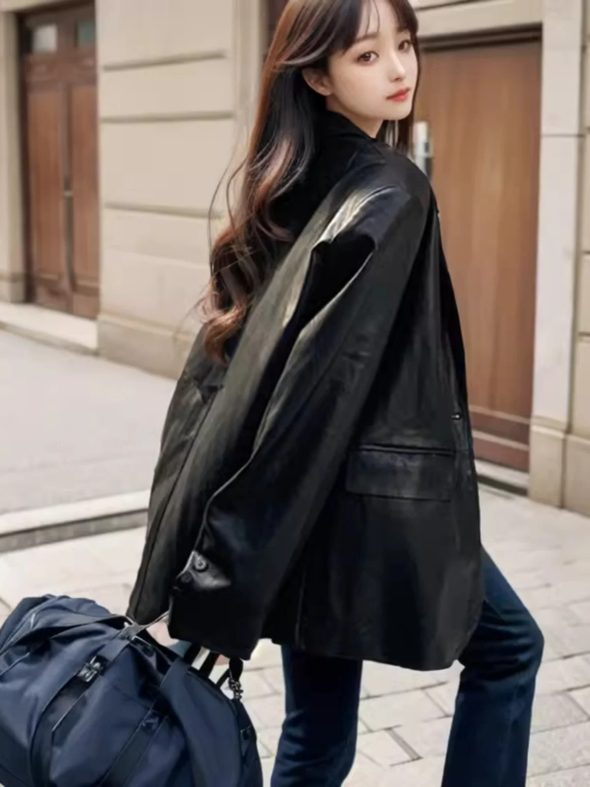Korean Style Streetwear Leather Suit Jackets Women Long Sleeves Single Button Casual Motorcycle Coats Fashion Trend Overcoats