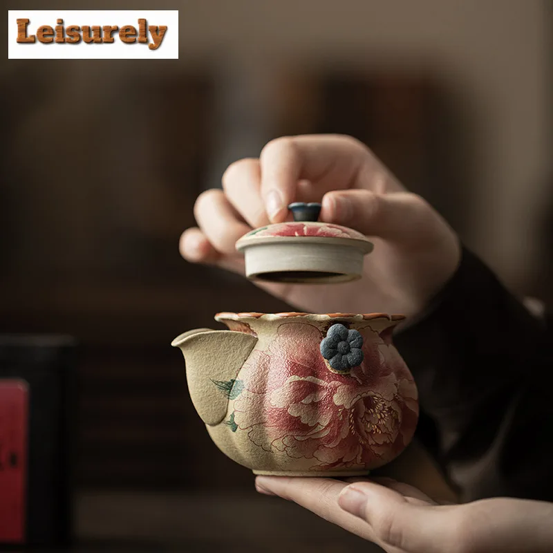 135ml Blue And White Flint Red Hand-held Peony Teapot Zen Tea Infuser Pot Tea Making Kettle With Strainer Chinese Tea Set Gift
