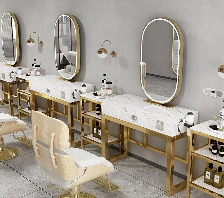 Hairdresser's mirror, single side with light, hairdresser's mirror table, marble cabinet, one side, double side hot dyeing table