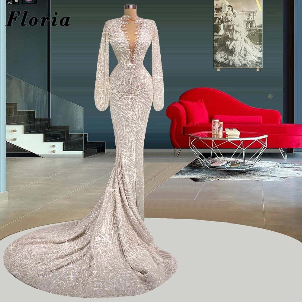 

Женские вечерние платья с длинным рукавом Floria, блестящее длинное свадебное платье-Русалка с бусинами на заказ