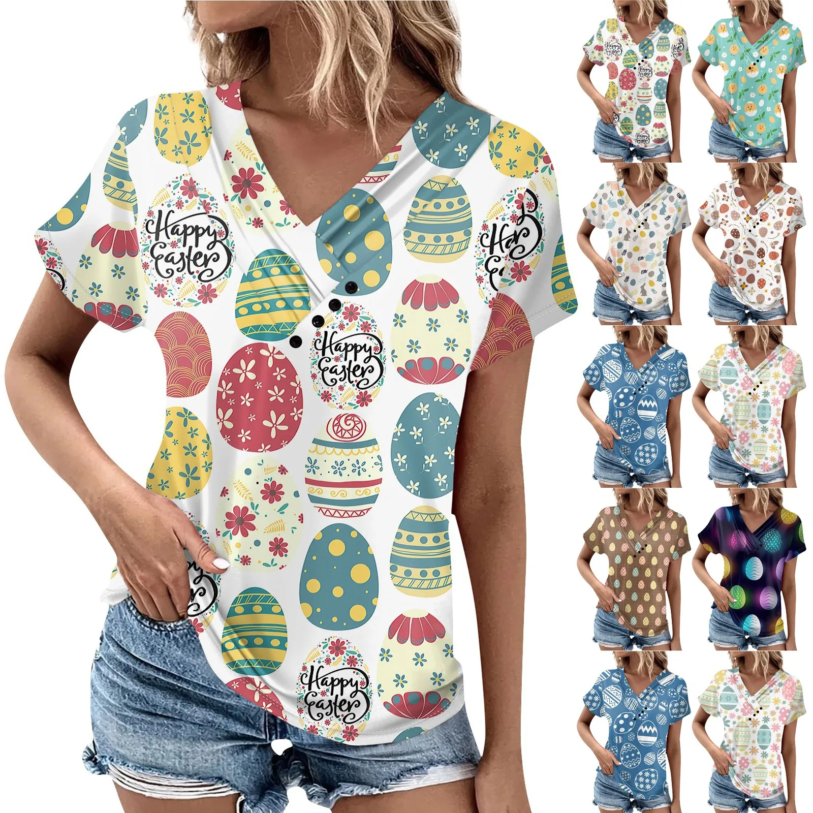 

Women's Casual V-neck T-Shirt Fashionable Short-sleeved Easter Printed Button Top Slim-Type Korean Style Shirt 한국인 리뷰 많은 옷